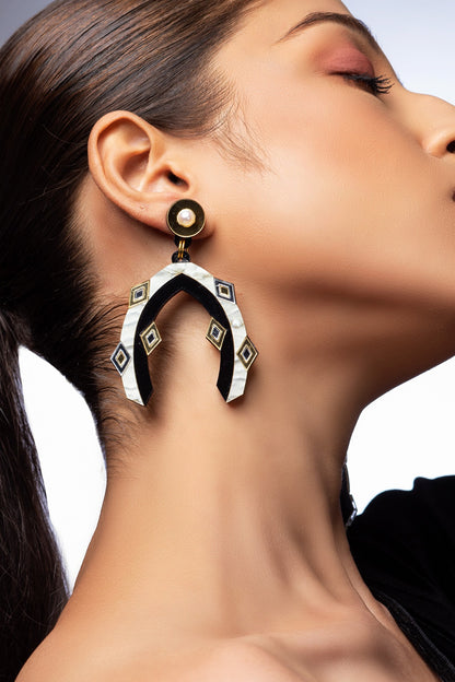 Cream & Black Textured Acrylic Dangler Earrings