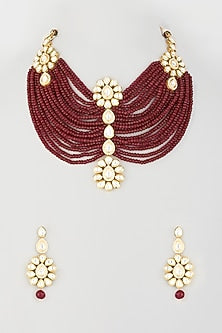 Gold Finish Red Agate Beaded Necklace Set