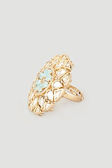 Gold Plated Kundan Polki & Turquoise Stone Ring