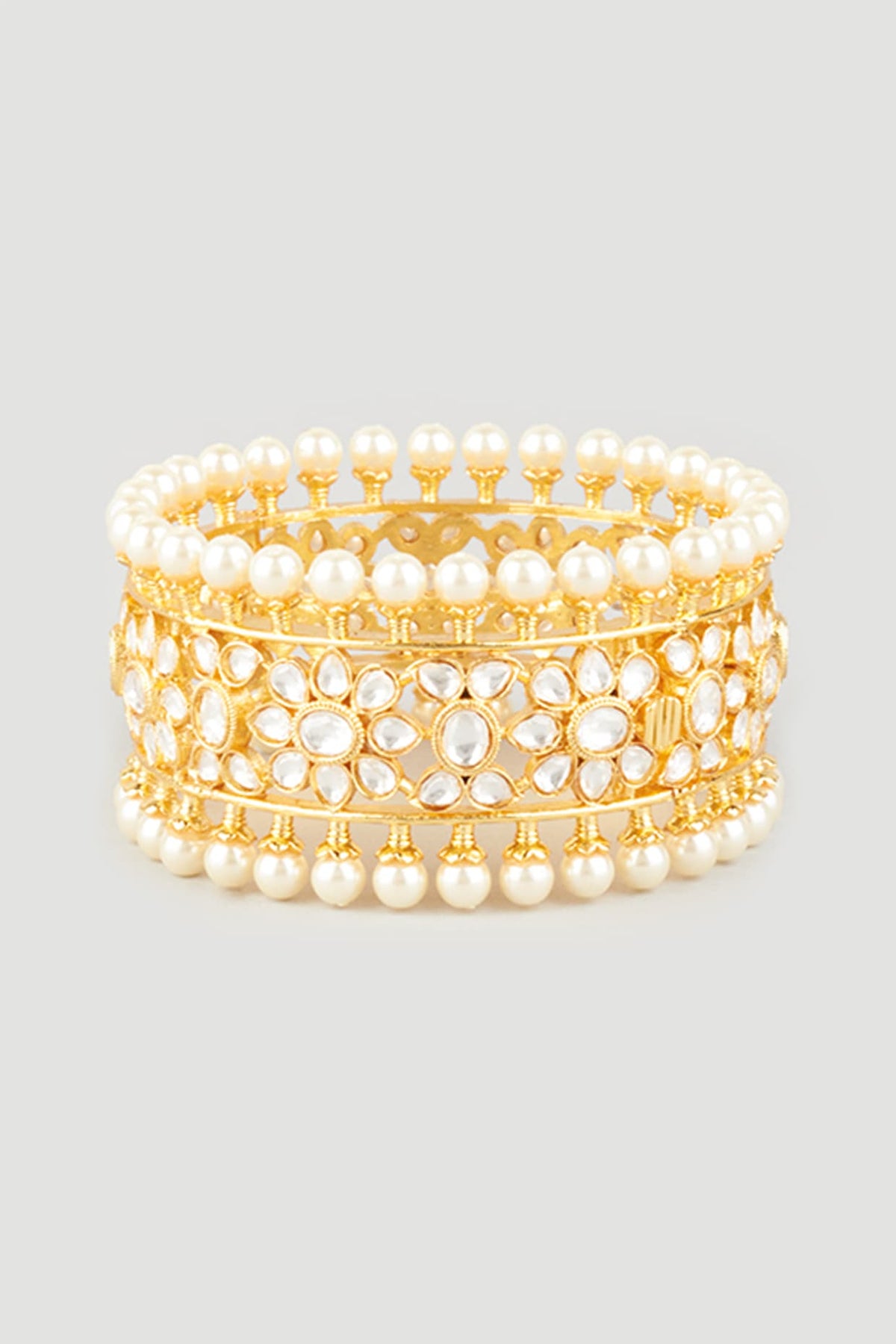 Gold Plated Kundan Polki & Shell Pearls Openable Bangle