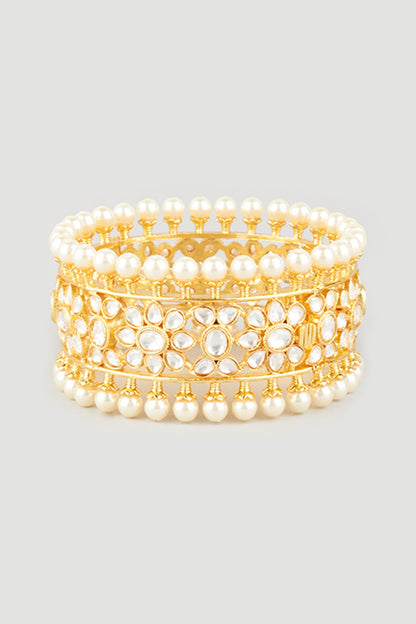 Gold Plated Kundan Polki & Shell Pearls Openable Bangle