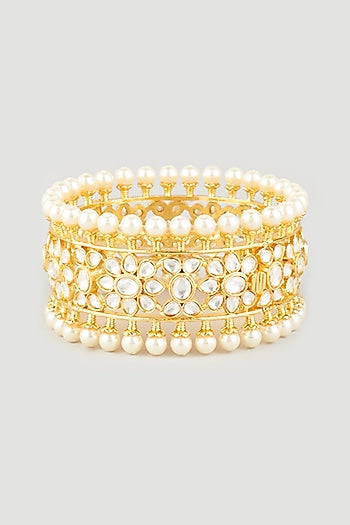 Gold Plated Kundan Polki & Shell Pearls Openable Bangle