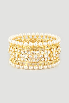 Gold Plated Kundan Polki & Shell Pearls Openable Bangle