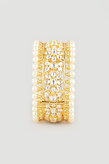 Gold Plated Kundan Polki & Shell Pearls Openable Bangle