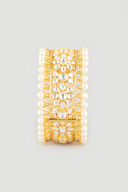 Gold Plated Kundan Polki & Shell Pearls Openable Bangle