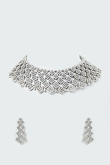 White Finish Faux Diamond Choker Necklace Set