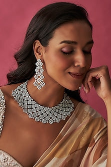 White Finish Faux Diamond Choker Necklace Set