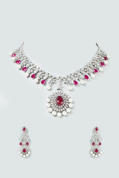 White Finish Faux Diamond & Ruby Necklace Set
