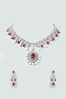 White Finish Faux Diamond & Ruby Necklace Set