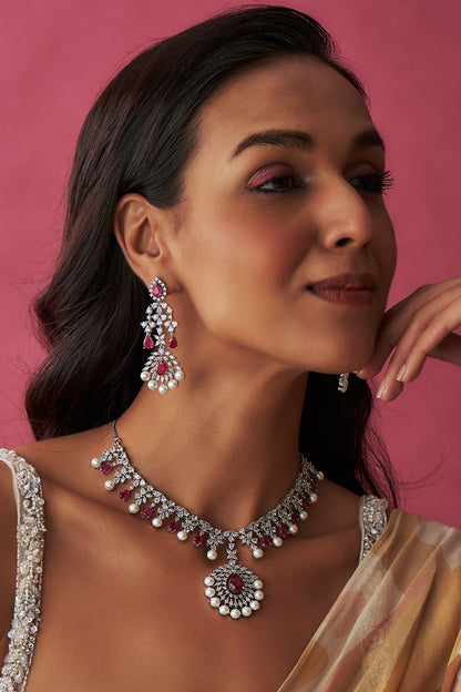White Finish Faux Diamond & Ruby Necklace Set