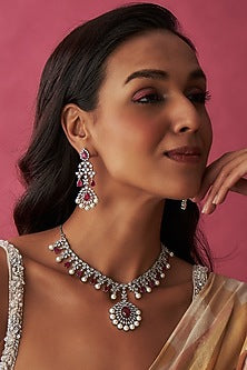 White Finish Faux Diamond & Ruby Necklace Set