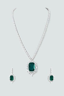 White Finish Solitaire Diamond & Emerald Long Necklace Set