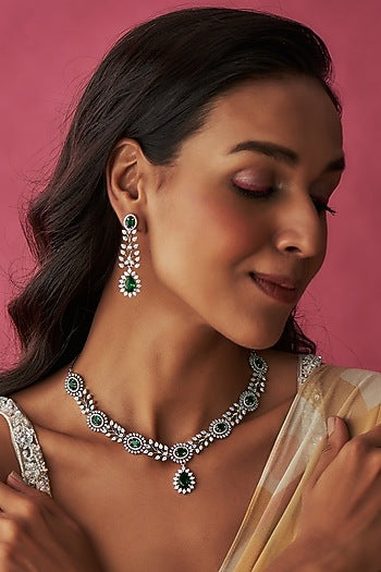White Finish Faux Diamond & Emerald Necklace Set