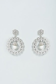 White Finish Faux Diamond & Pearl Drop Dangler Earrings