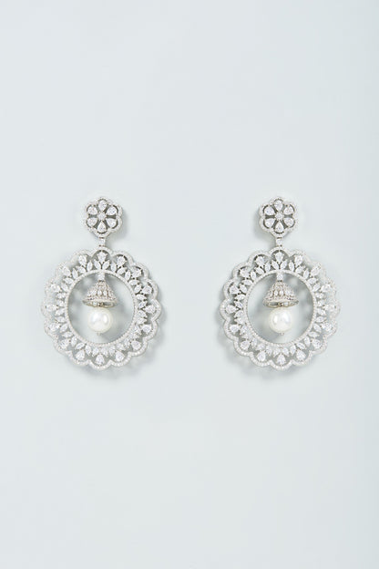 White Finish Faux Diamond & Pearl Drop Dangler Earrings