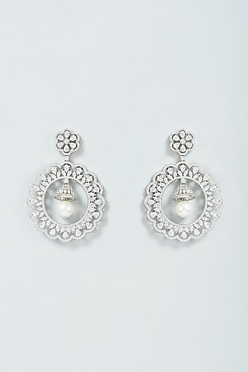 White Finish Faux Diamond & Pearl Drop Dangler Earrings