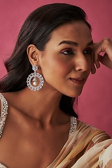 White Finish Faux Diamond & Pearl Drop Dangler Earrings