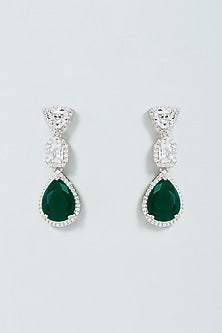 White Finish Faux Diamond & Emerald Drop Dangler Earrings