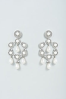 White Finish Faux Diamond & Shell Pearl Dangler Earrings
