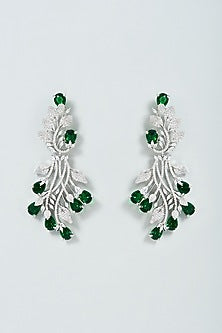 White Finish Faux Diamond & Emerald Dangler Earrings