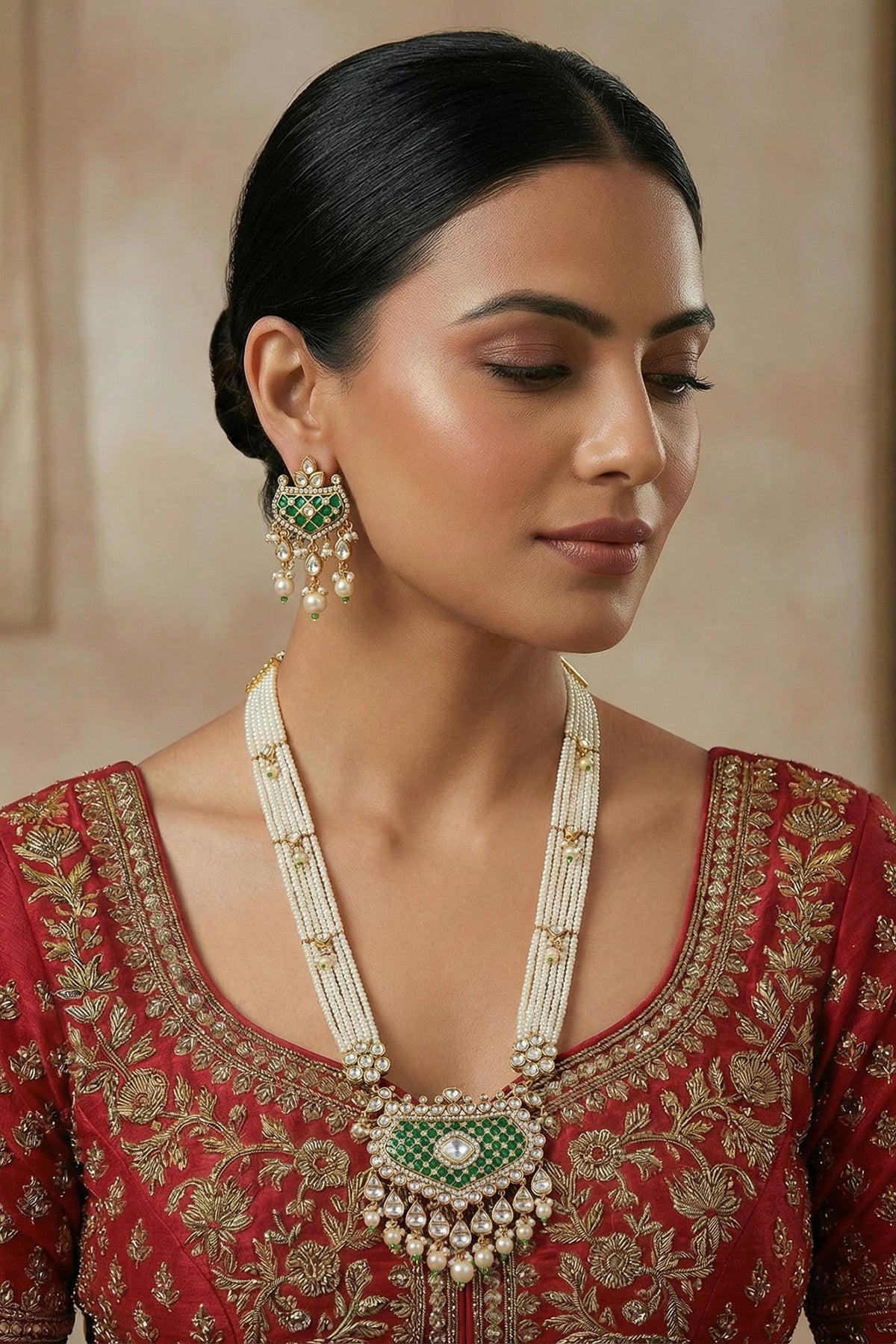White Rhodium Finish Kundan Polki & Green Stone Necklace Set