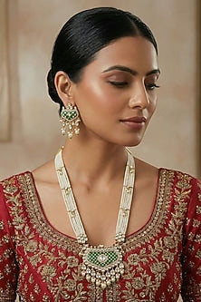 White Rhodium Finish Kundan Polki & Green Stone Necklace Set