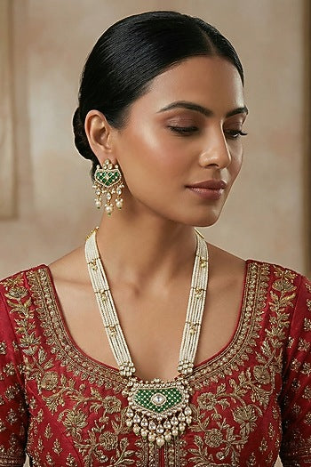 White Rhodium Finish Kundan Polki & Green Stone Necklace Set