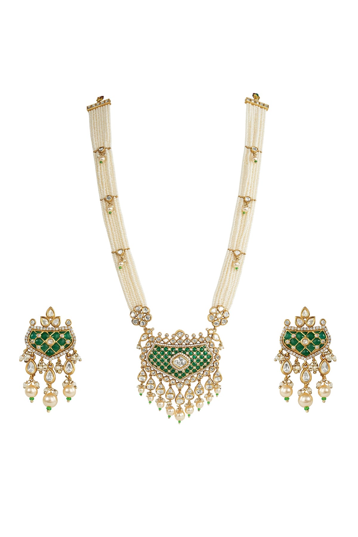 White Rhodium Finish Kundan Polki & Green Stone Necklace Set