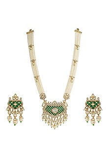 White Rhodium Finish Kundan Polki & Green Stone Necklace Set