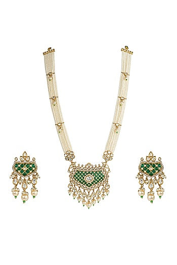 White Rhodium Finish Kundan Polki & Green Stone Necklace Set