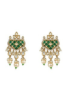 White Rhodium Finish Kundan Polki & Green Stone Necklace Set