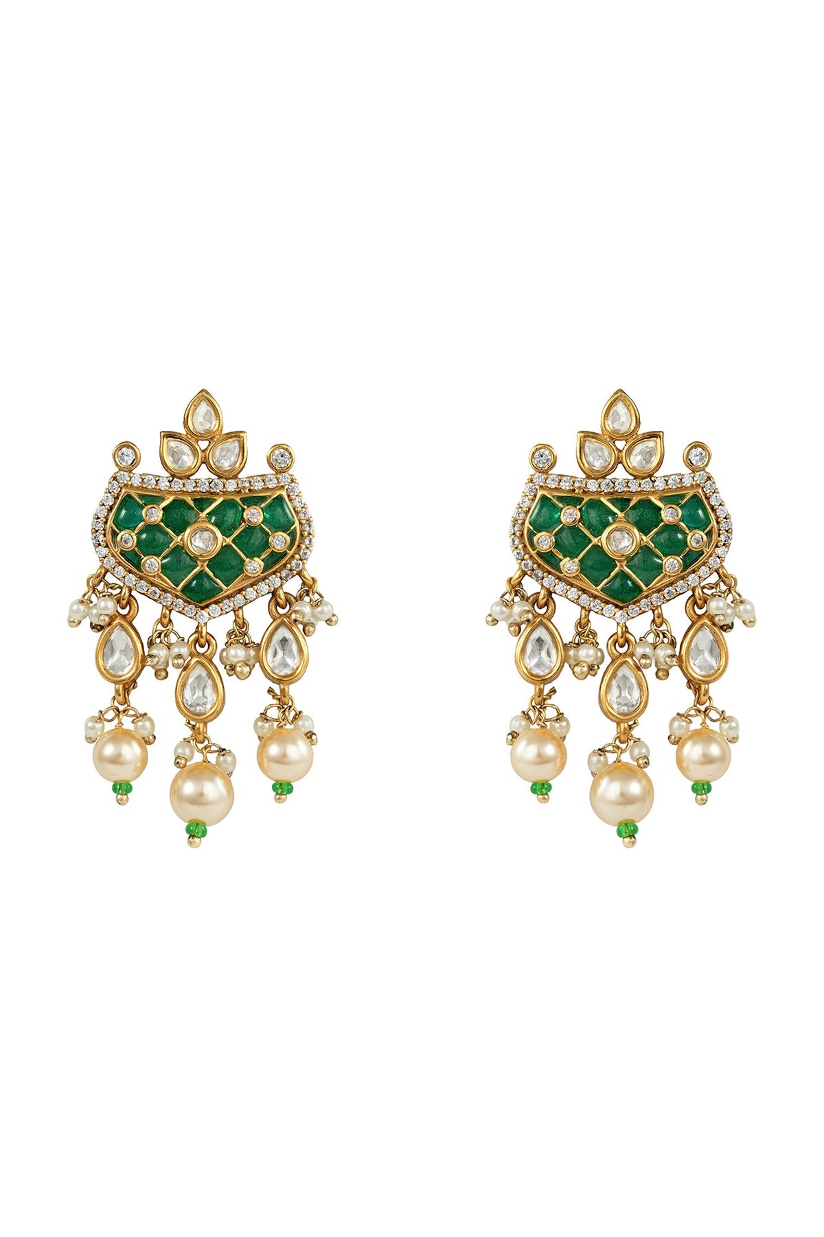 White Rhodium Finish Kundan Polki & Green Stone Necklace Set