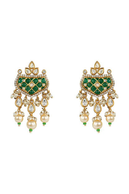 White Rhodium Finish Kundan Polki & Green Stone Necklace Set