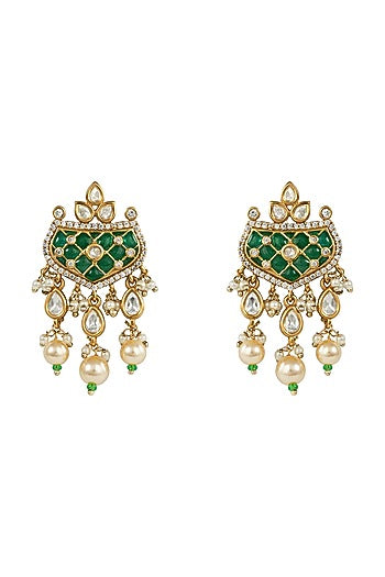 White Rhodium Finish Kundan Polki & Green Stone Necklace Set