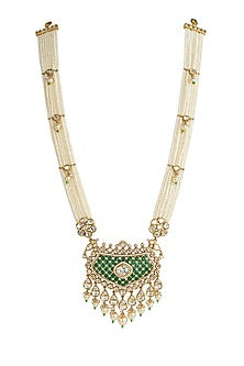 White Rhodium Finish Kundan Polki & Green Stone Necklace Set
