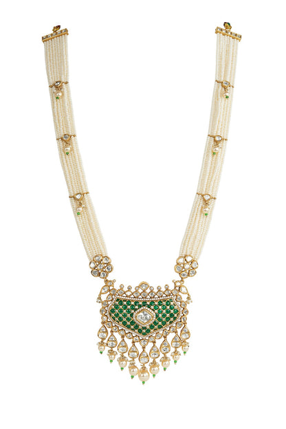 White Rhodium Finish Kundan Polki & Green Stone Necklace Set