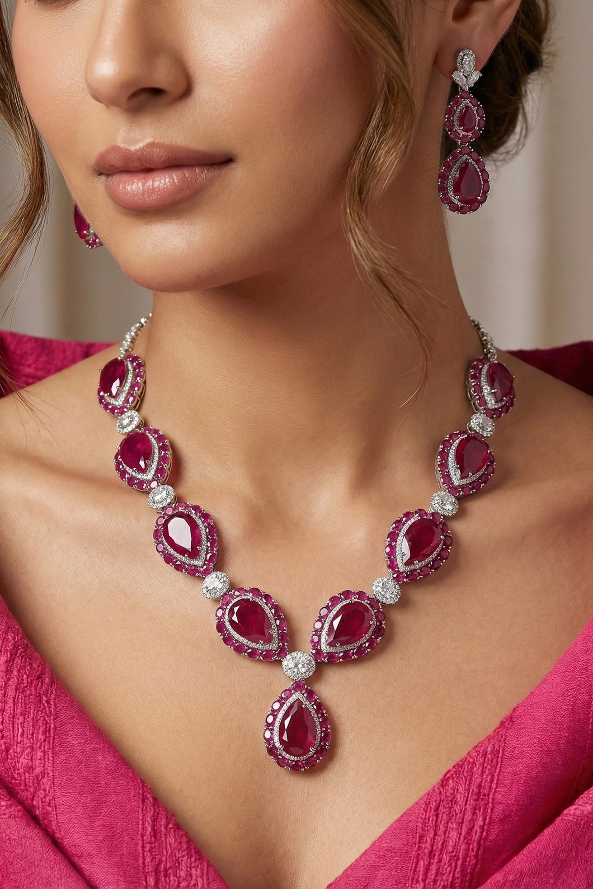 White Rhodium Finish Zircon & Ruby Stone Necklace Set