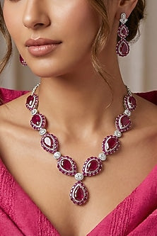 White Rhodium Finish Zircon & Ruby Stone Necklace Set