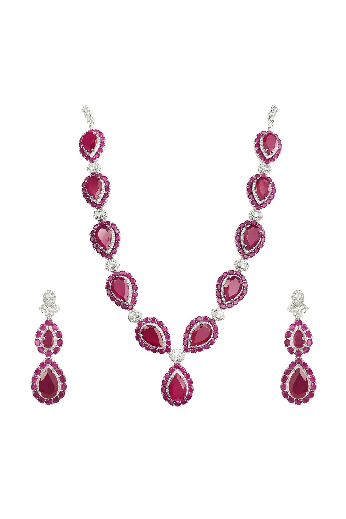 White Rhodium Finish Zircon & Ruby Stone Necklace Set