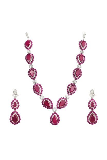 White Rhodium Finish Zircon & Ruby Stone Necklace Set