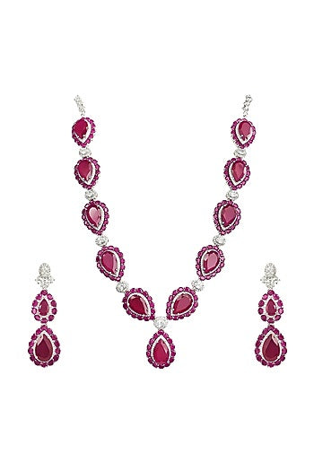 White Rhodium Finish Zircon & Ruby Stone Necklace Set