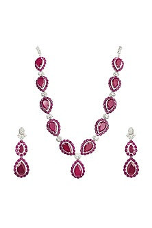 White Rhodium Finish Zircon & Ruby Stone Necklace Set