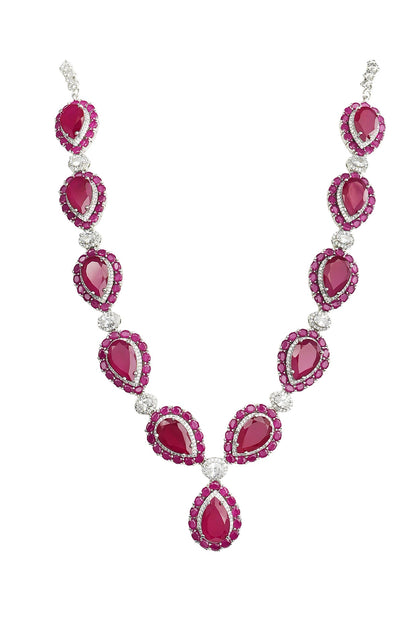 White Rhodium Finish Zircon & Ruby Stone Necklace Set