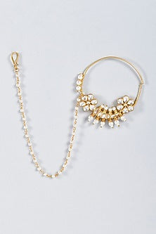 Gold Plated Kundan Polki & Shell Pearl Nose Ring