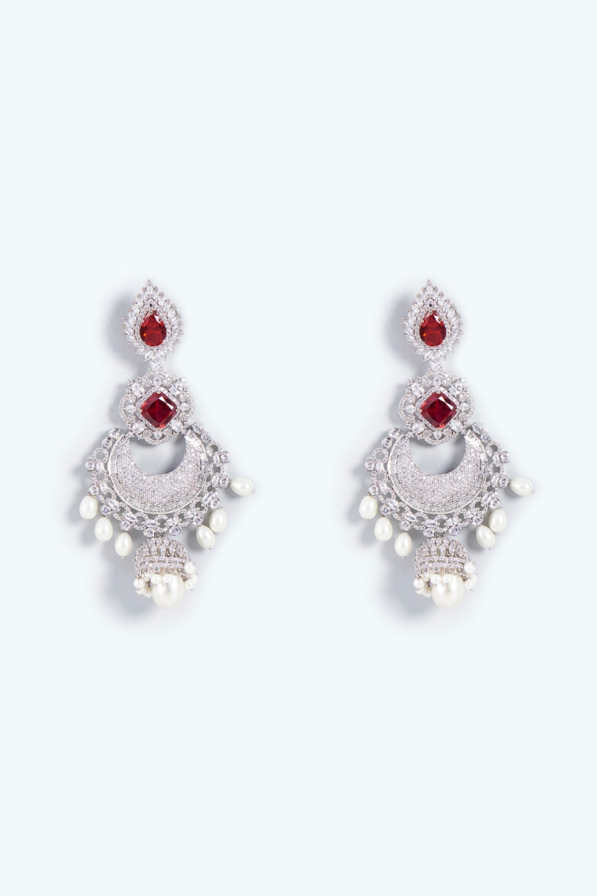 White Finish Ruby & Pearl Chandbali Earrings