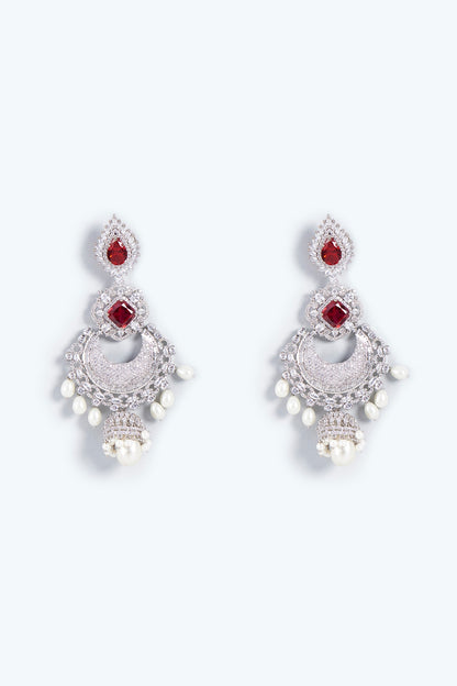 White Finish Ruby & Pearl Chandbali Earrings