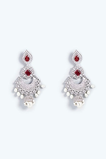 White Finish Ruby & Pearl Chandbali Earrings