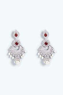 White Finish Ruby & Pearl Chandbali Earrings