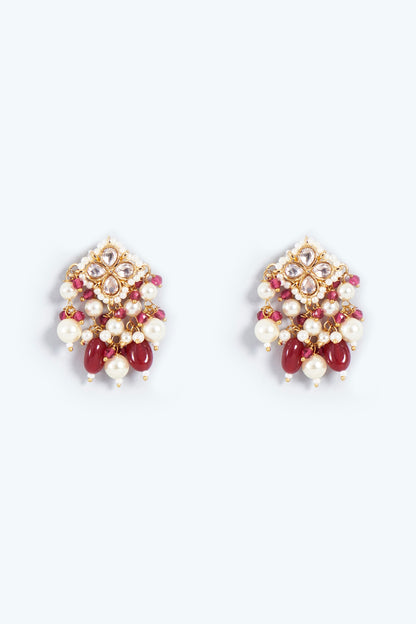 Gold Finish Stud Earrings With Ruby Drops