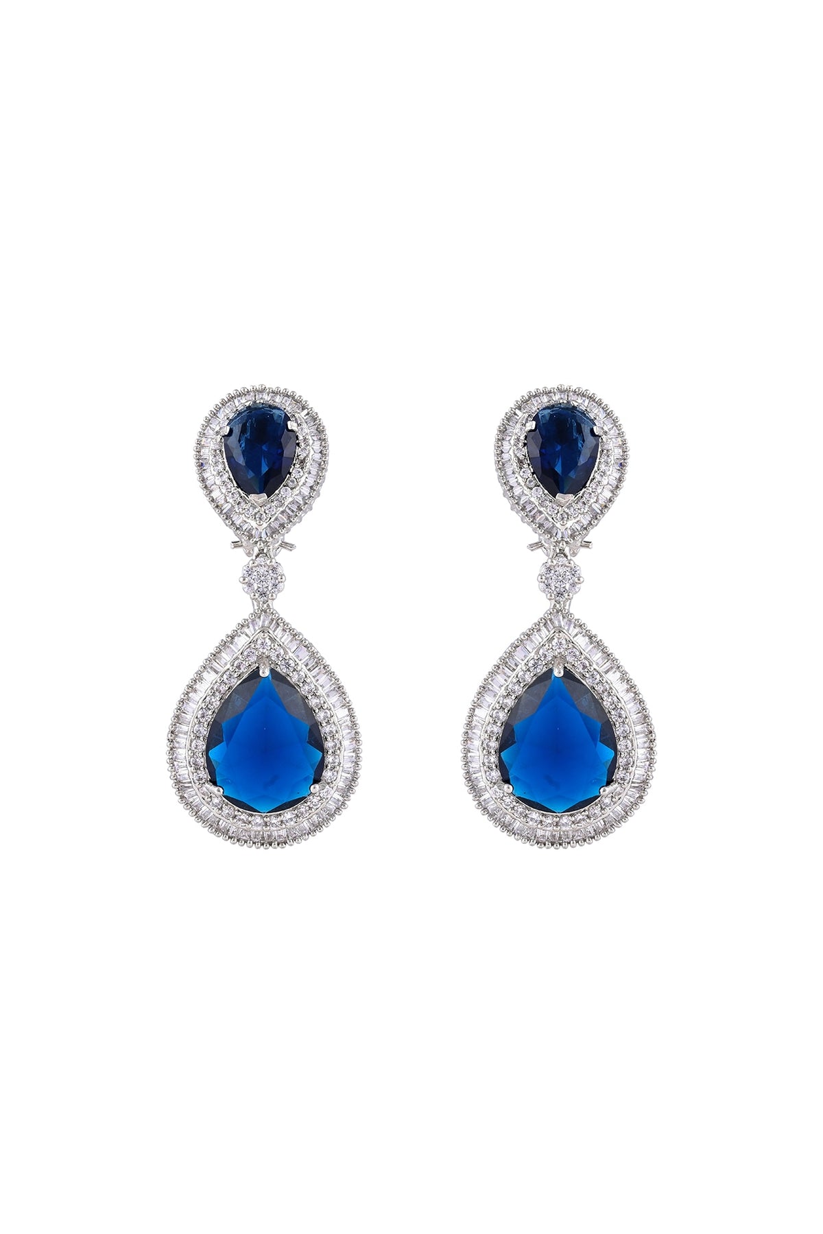 White Finish Blue Sapphire Stone & Zircon Dangle Earrings